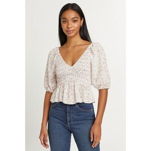 Lulus Crop Top Women's XS  White Pink Floral Print Puff Sleeve Smocked Tie Neck